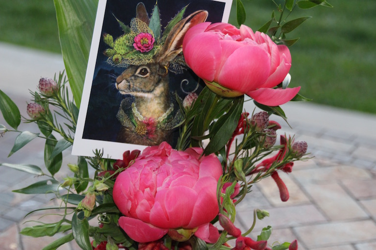 Peony bouquet with a Carolyn Schmitz Jackrabbit card