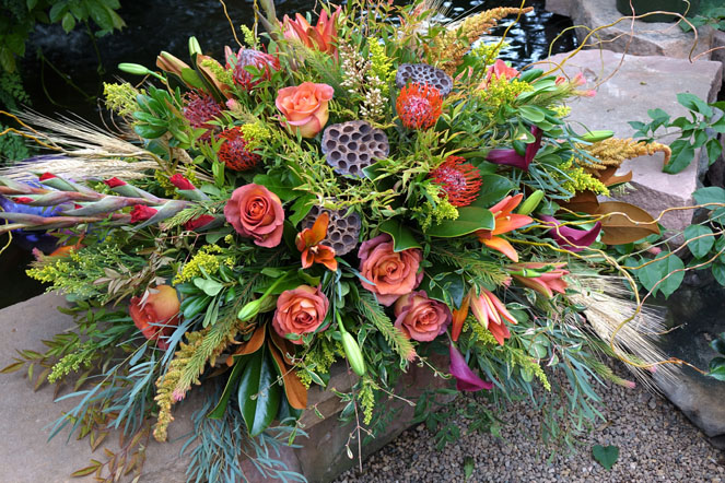 Fall Harvest with Coffee Break Roses and Protea