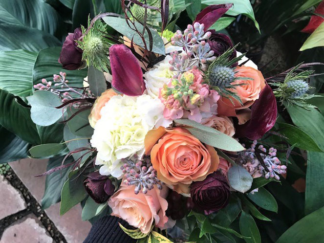 Pink Stock Peach Roses and White Hydrangea Sturtz and Copeland