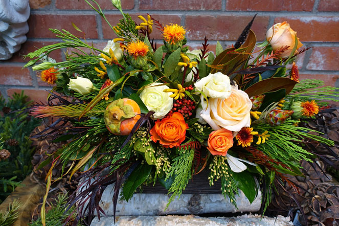 Roses, Pumpkins, Magnolia Leaves and Evergreen Sturtz and Copeland Boulder CO